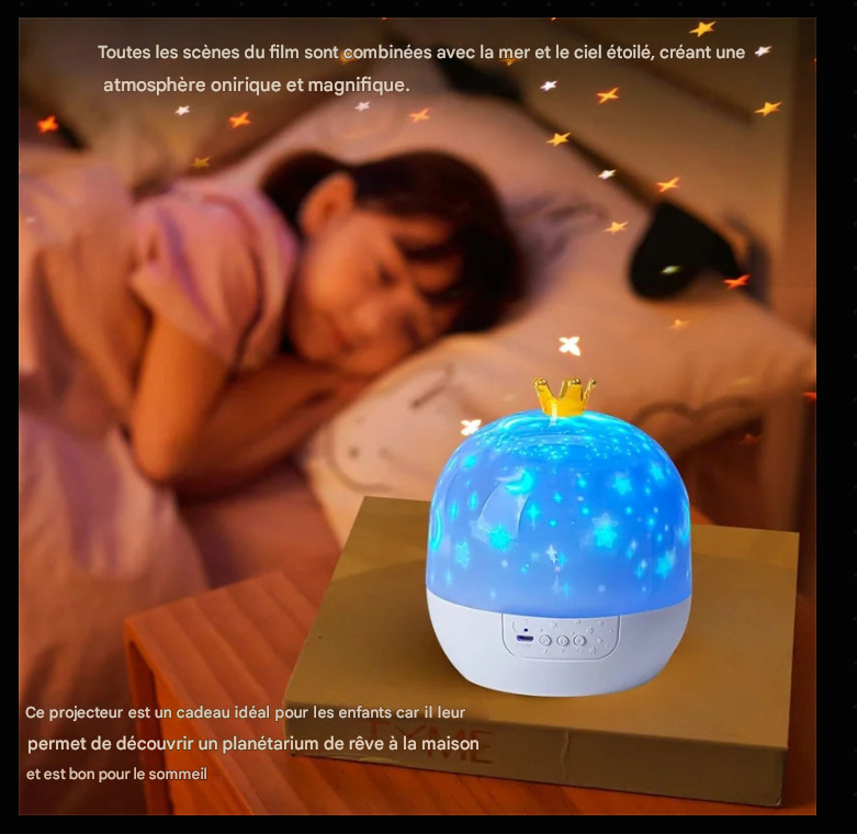 Lampe de Projection Étoilée Couronne – Rotative, Télécommande, 6 Films, LED Multicolore