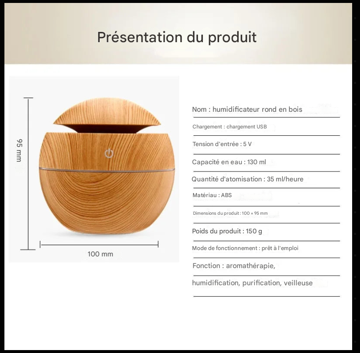Diffuseur d’Huiles Essentielles USB – Humidificateur Ultrasonique Bois Mini | Brumisateur Silencieux LED