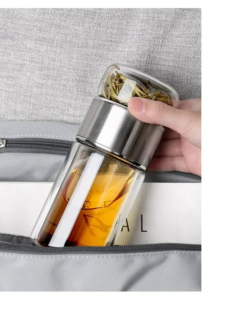 Bouteille à Thé 420ML en Verre Borosilicate – Infuseur à Thé Intégré avec Double Paroi et Filtre – Bouteille Écologique et Portable