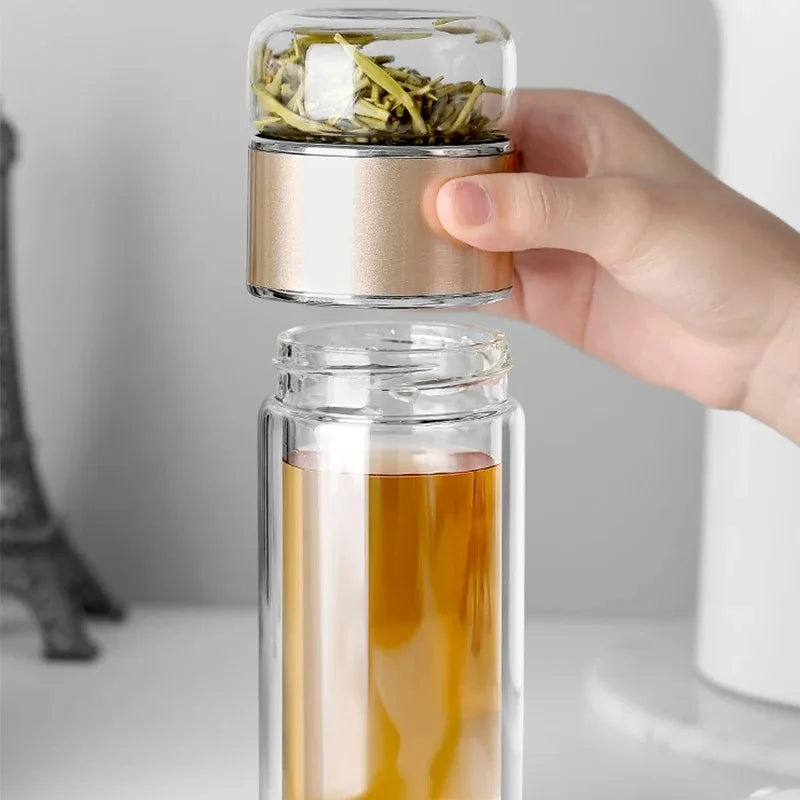 Bouteille à Thé 420ML en Verre Borosilicate – Infuseur à Thé Intégré avec Double Paroi et Filtre – Bouteille Écologique et Portable
