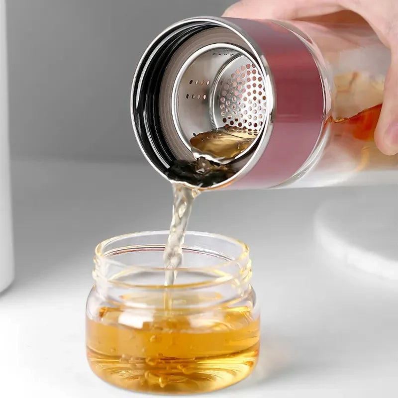 Bouteille à Thé 420ML en Verre Borosilicate – Infuseur à Thé Intégré avec Double Paroi et Filtre – Bouteille Écologique et Portable