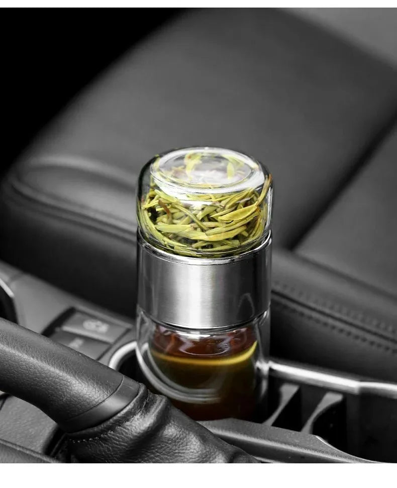 Bouteille à Thé 420ML en Verre Borosilicate – Infuseur à Thé Intégré avec Double Paroi et Filtre – Bouteille Écologique et Portable