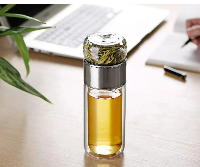 Bouteille à Thé 420ML en Verre Borosilicate – Infuseur à Thé Intégré avec Double Paroi et Filtre – Bouteille Écologique et Portable