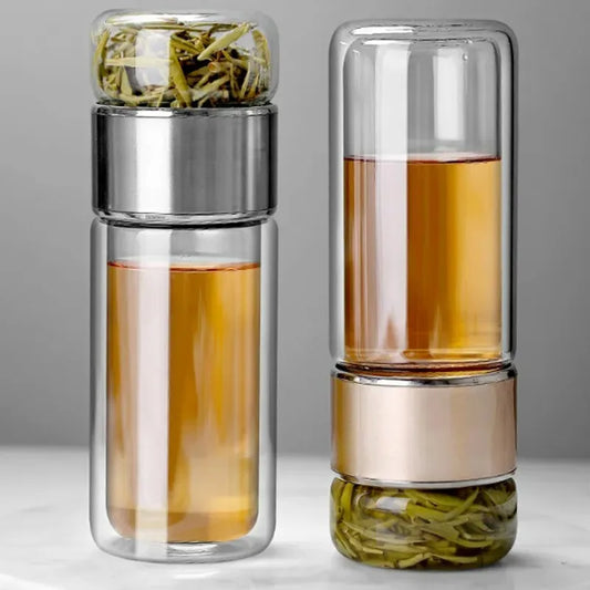 Bouteille à Thé 420ML en Verre Borosilicate – Infuseur à Thé Intégré avec Double Paroi et Filtre – Bouteille Écologique et Portable