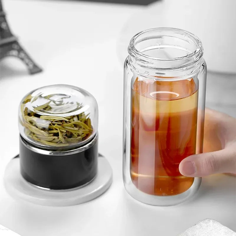 Bouteille à Thé 420ML en Verre Borosilicate – Infuseur à Thé Intégré avec Double Paroi et Filtre – Bouteille Écologique et Portable