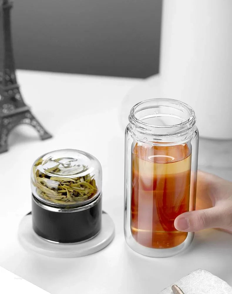 Bouteille à Thé 420ML en Verre Borosilicate – Infuseur à Thé Intégré avec Double Paroi et Filtre – Bouteille Écologique et Portable