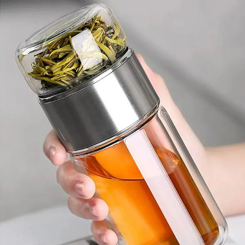 Bouteille à Thé 420ML en Verre Borosilicate – Infuseur à Thé Intégré avec Double Paroi et Filtre – Bouteille Écologique et Portable