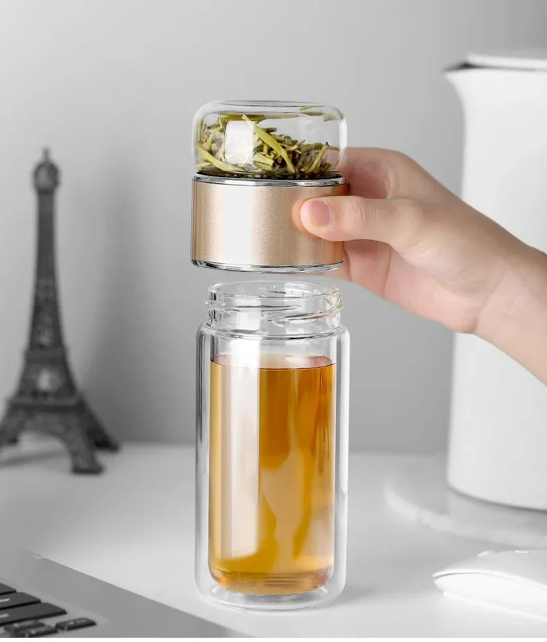Bouteille à Thé 420ML en Verre Borosilicate – Infuseur à Thé Intégré avec Double Paroi et Filtre – Bouteille Écologique et Portable