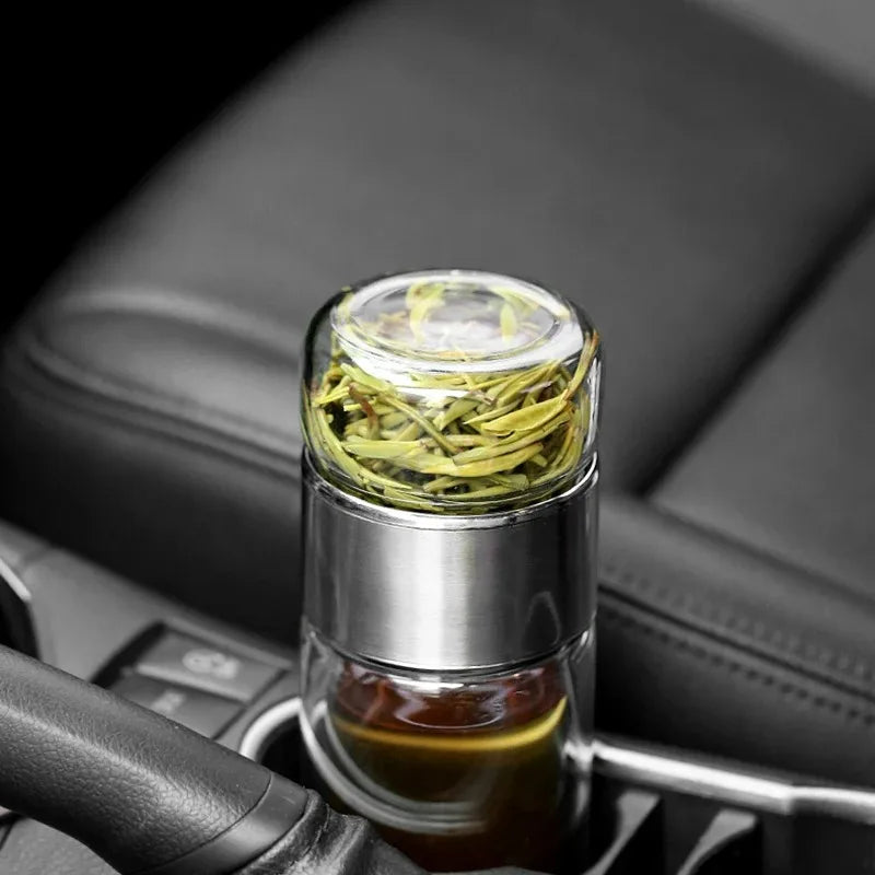 Bouteille à Thé 420ML en Verre Borosilicate – Infuseur à Thé Intégré avec Double Paroi et Filtre – Bouteille Écologique et Portable