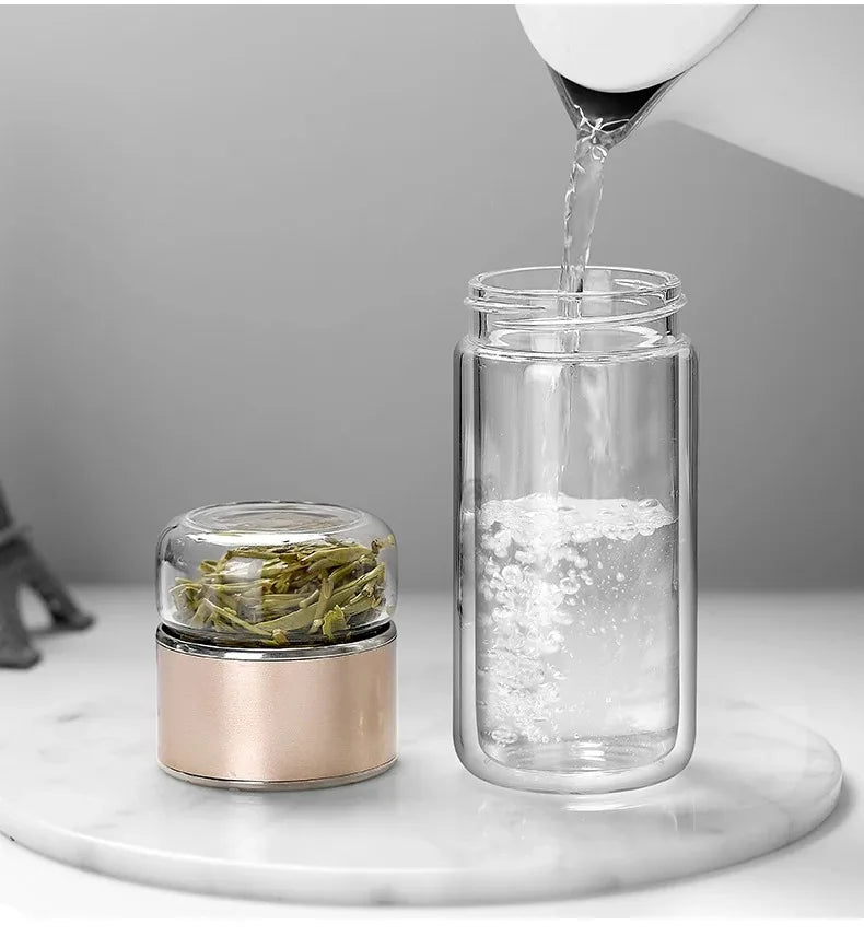 Bouteille à Thé 420ML en Verre Borosilicate – Infuseur à Thé Intégré avec Double Paroi et Filtre – Bouteille Écologique et Portable